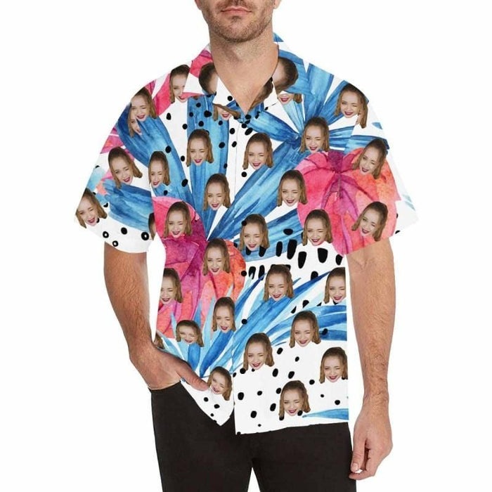 Custom Face Colorful Leaves Men's Hawaiian Shirt