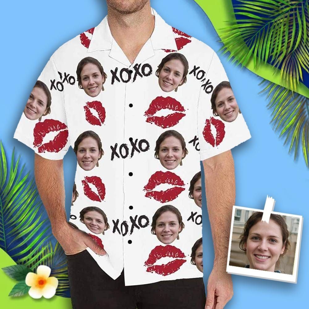 Custom Face XoXo Red Lips Men's All Over Print Hawaiian Shirt
