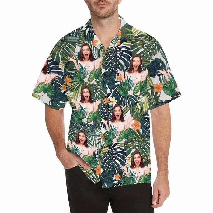 Custom Face Green Leaves Cute Plants Men's All Over Print Hawaiian Shirt