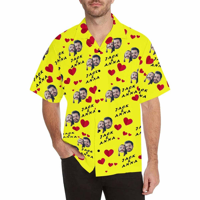 Custom Face&Name Red Heart Couple Men's Hawaiian Shirt