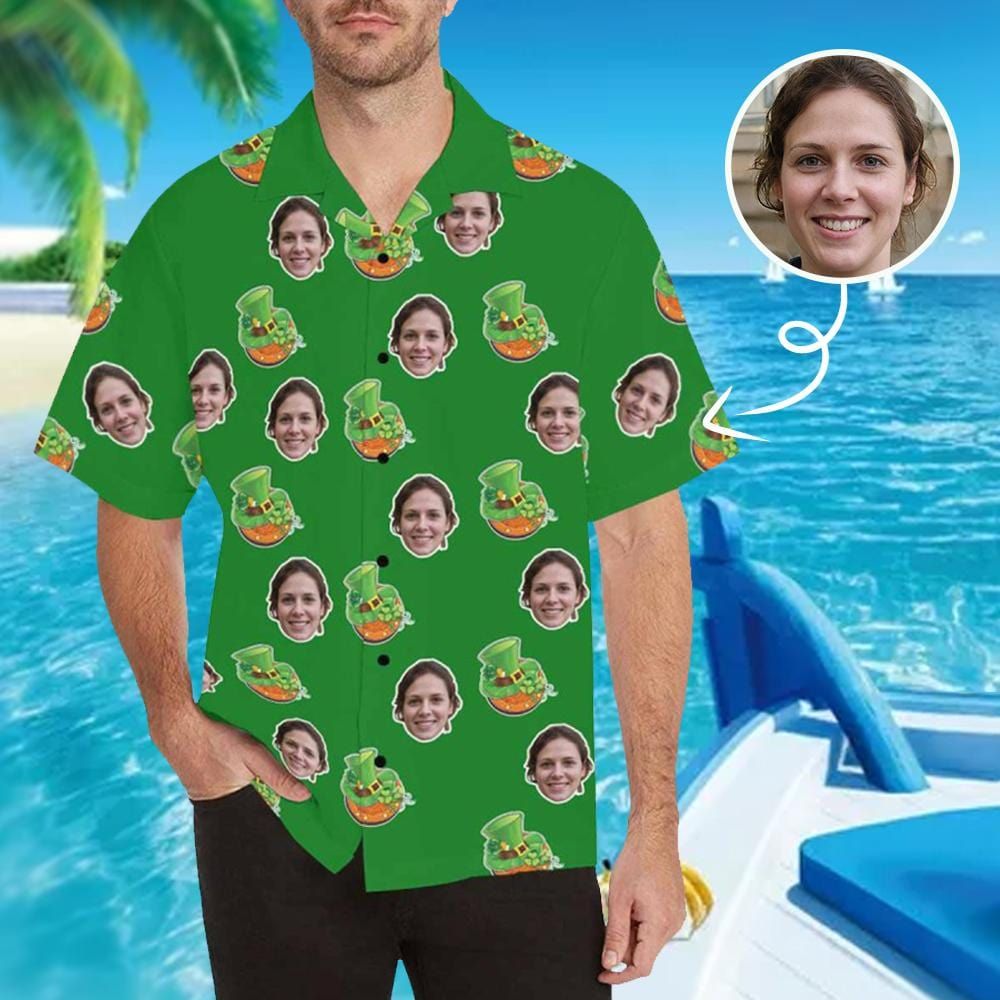 Custom Face Happy Green Men's All Over Print Hawaiian Shirt