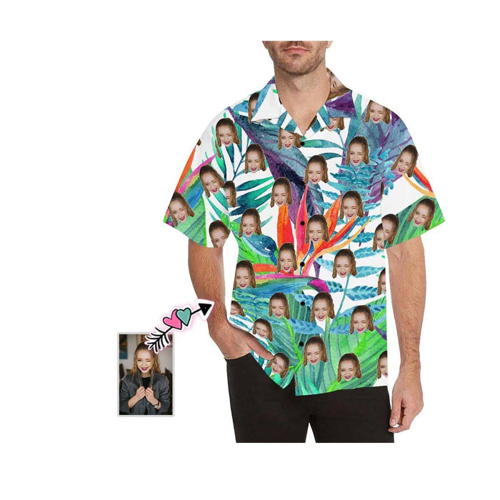 Custom Face Colorful Leaves Men's Hawaiian Shirt