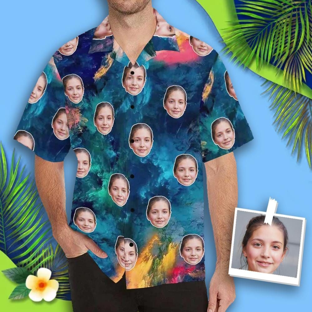Custom Wife Face Colorful Painting Men's All Over Print Hawaiian Shirt
