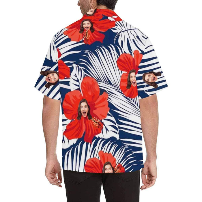 Custom Face Red Flowers Men's Hawaiian Shirt