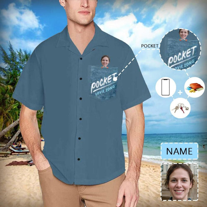 Custom Face&Name Blue Pocket Men's All Over Print Hawaiian Shirt With Chest Pocket