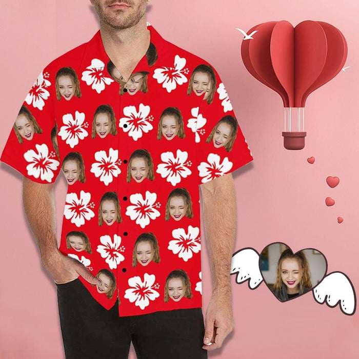 Custom Face Romantic Red Flowers Men's All Over Print Hawaiian Shirt
