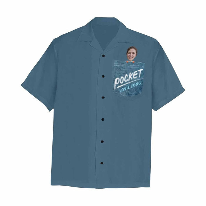 Custom Face&Name Blue Pocket Men's All Over Print Hawaiian Shirt With Chest Pocket