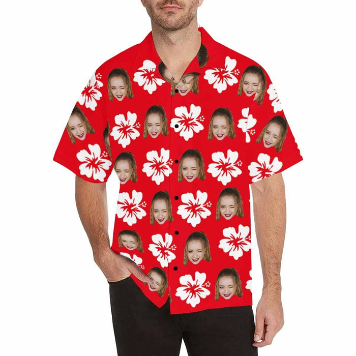 Custom Face Romantic Red Flowers Men's All Over Print Hawaiian Shirt