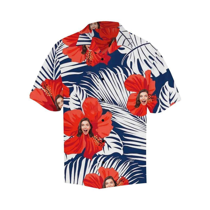 Custom Face Red Flowers Men's Hawaiian Shirt