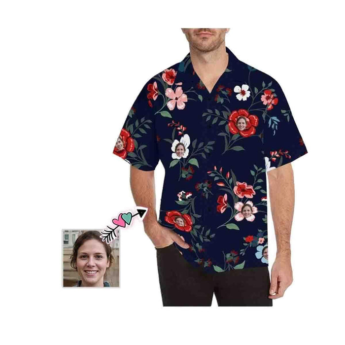 Custom Face Colorful Flowers Men's All Over Print Hawaiian Shirt