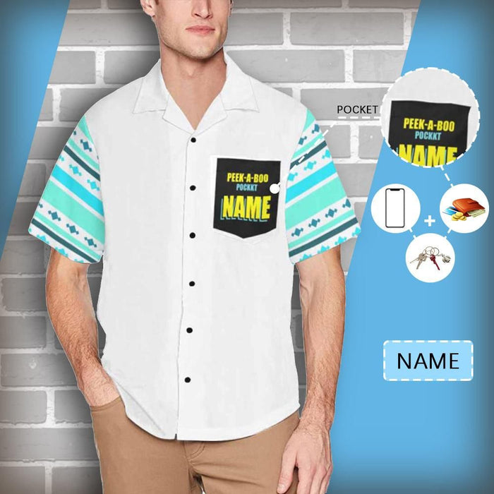 Custom Name Blue Patterns Men's All Over Print Hawaiian Shirt With Chest Pocket