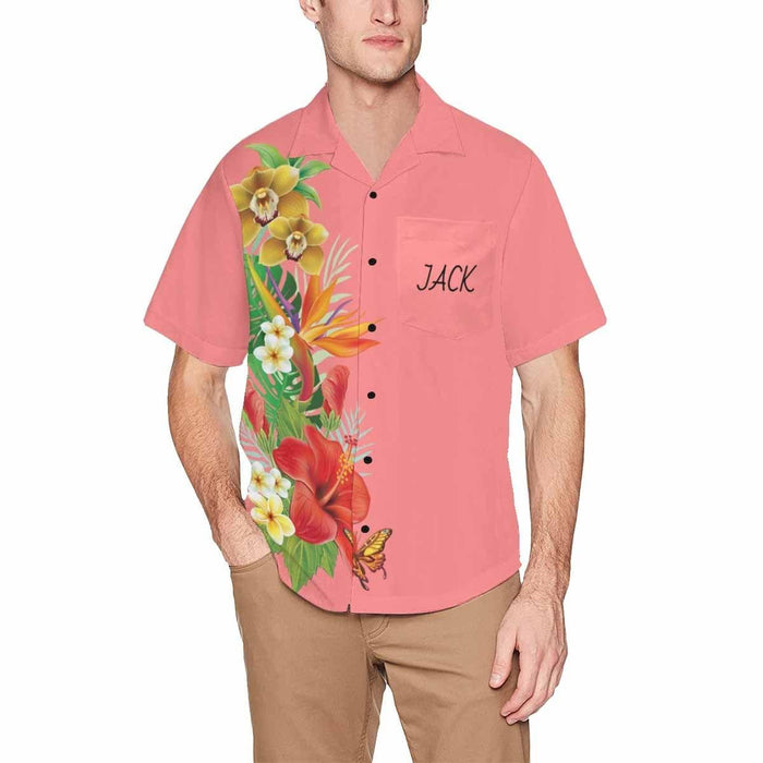 Custom Name Flowers Pink Men's All Over Print Hawaiian Shirt With Chest Pocket