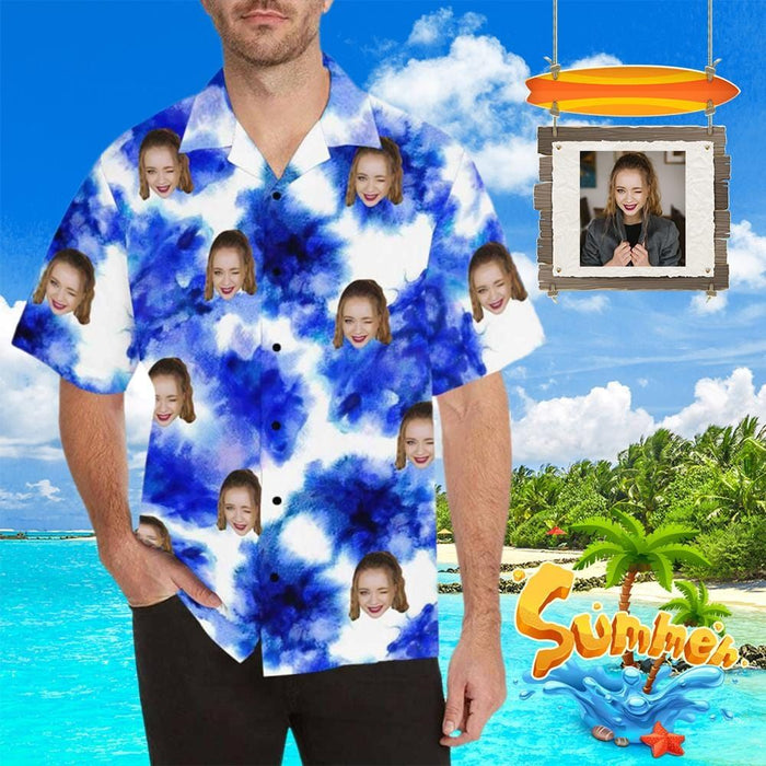 Custom Face Blue&White Style Men's All Over Print Hawaiian Shirt