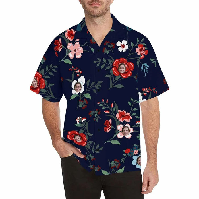 Custom Face Colorful Flowers Men's All Over Print Hawaiian Shirt