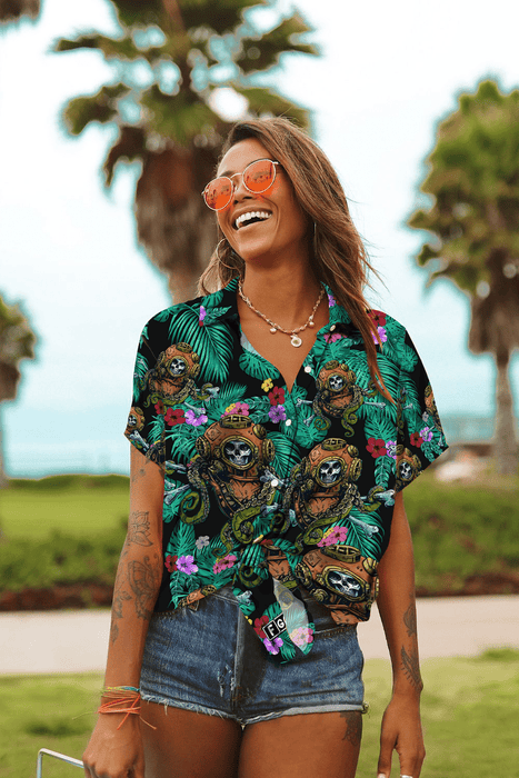 Hawaiian Aloha Shirt For Women, Scuba Diving Skull Tropical Unique Design Unisex Hawaii Shirt