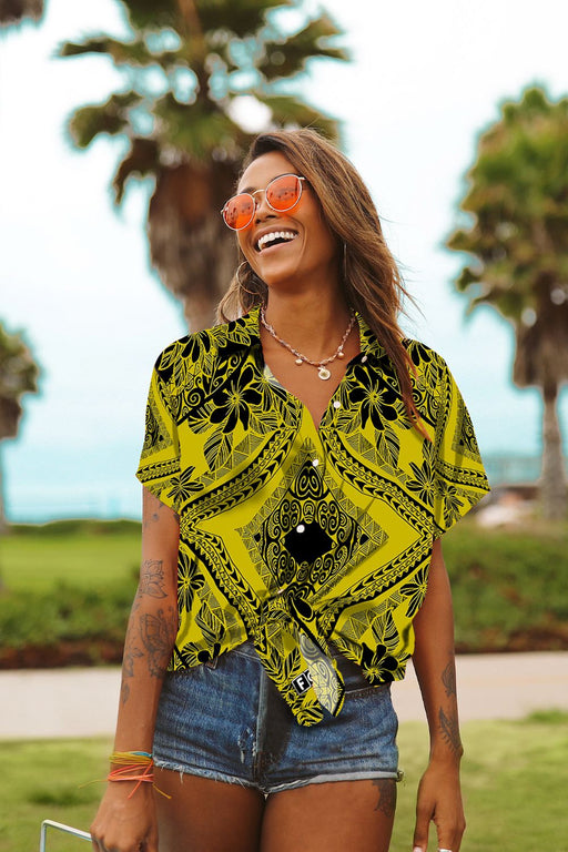 Hawaiian Aloha Shirt For Women, Polynesian Design Plumeria Mix Yellow Black Hawaii Shirt