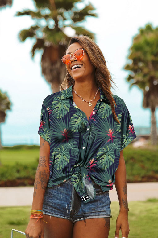 Hawaiian Aloha Shirt For Women, Tropical Monstera Leaf Green – AH – J1 Hawaii Shirt