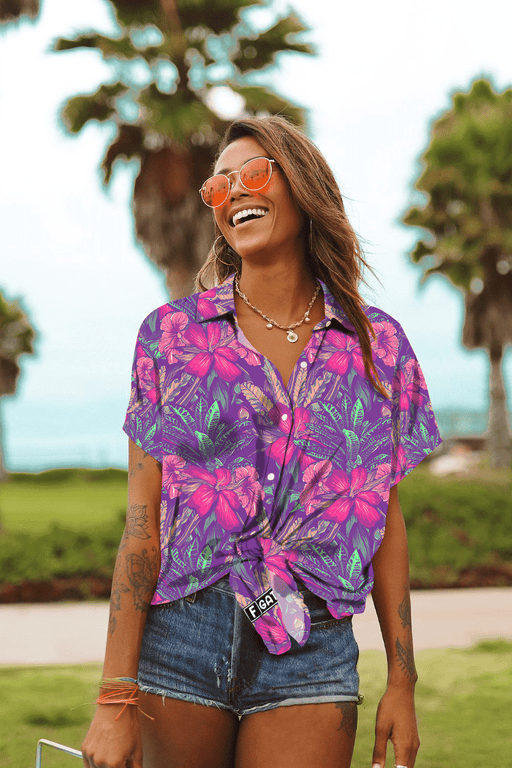 Hawaiian Aloha Shirt For Women, Tropical Hibiscus Purple - AH - J1 Hawaii Shirt