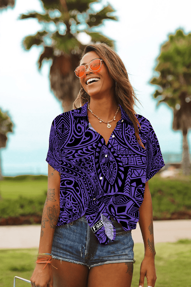 Hawaiian Aloha Shirt For Women, Polynesian Design Hawaiian Style Tribal Tattoo Violet Hawaii Shirt