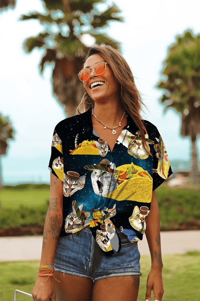 Hawaiian Aloha Shirt For Women, Kitty Cat Taco Flying Aloha Cat Hawaii Shirt