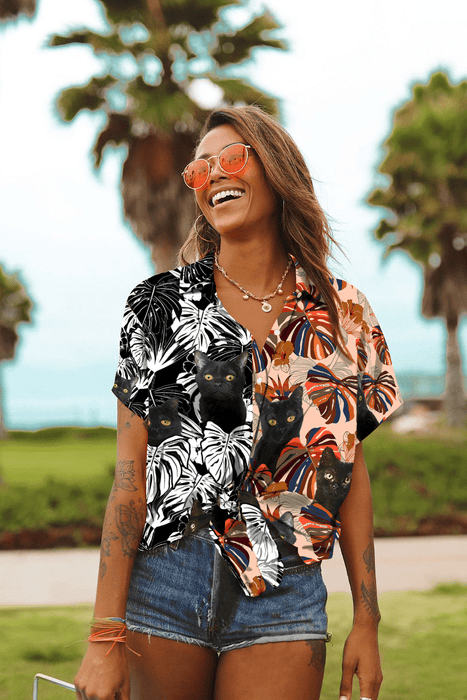 Hawaiian Aloha Shirt For Women, Floral Pattern Aloha Black Cat Hawaii Shirt