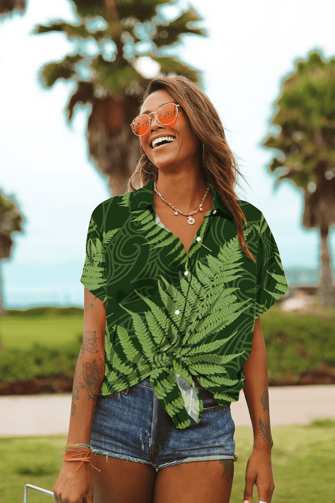 Hawaiian Aloha Shirt For Women, Hawaii Fern Leaves Polynesian Design Melio Style Hawaii Shirt