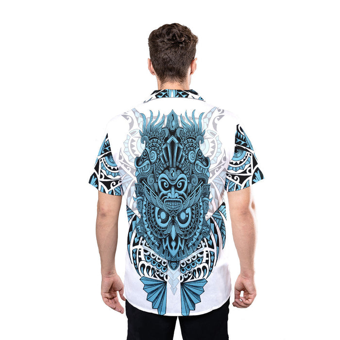 Viking Shirts - Nordic Viking Owl Tattoo Blue Color - Viking Hawaiian Shirt