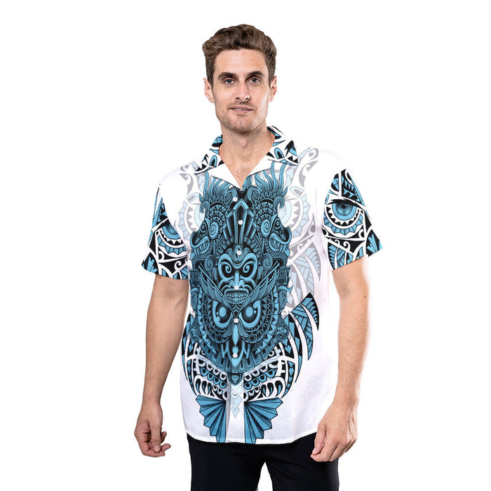 Viking Shirts - Nordic Viking Owl Tattoo Blue Color - Viking Hawaiian Shirt