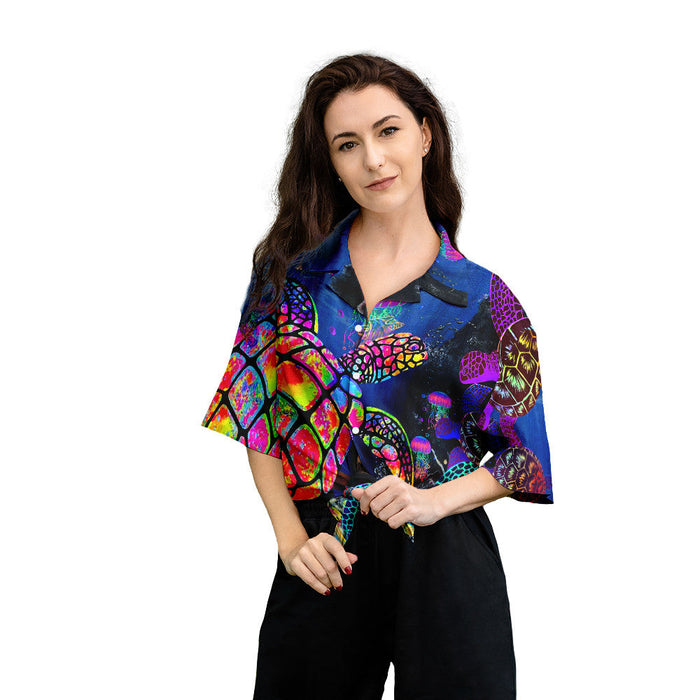 Hawaiian Aloha Shirt For Women, Neon Turtle Hawaii Shirt