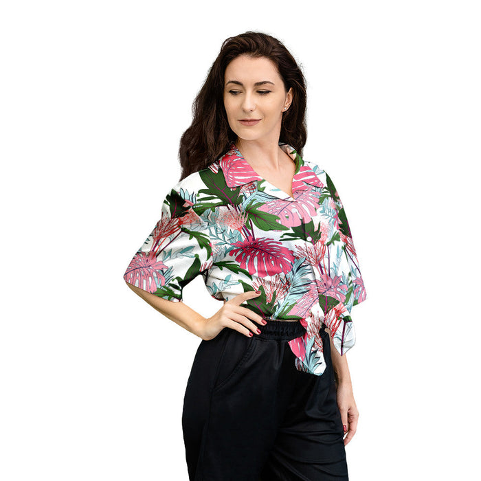 Hawaiian Aloha Shirt For Women, Pink Monstera And Green Tropical Leaves White – AH – J1 Hawaii Shirt