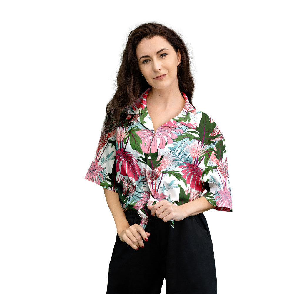Hawaiian Aloha Shirt For Women, Pink Monstera And Green Tropical Leaves White – AH – J1 Hawaii Shirt