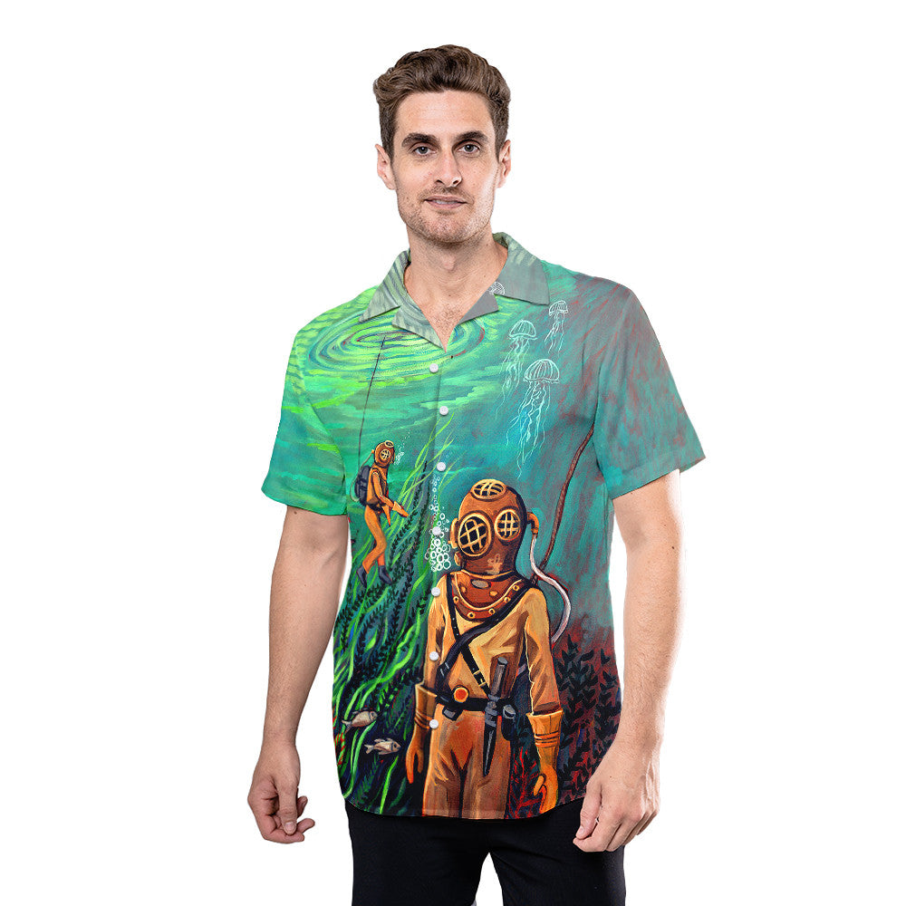 Scuba Diver Green Sea Diving Art Unique Design Unisex Hawaiian Shirt