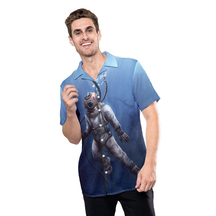 Scuba Diver And Shark Shadow Diving Art Unique Design Unisex Hawaiian Shirt